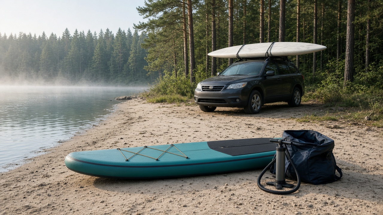 An inflatable SUP on a lake beach, a hard board on the rack, a pump you will finish.