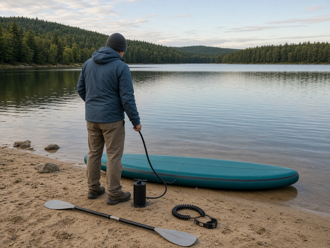 A rolled iSUP on a pine put-in. Two straps. A board you can still carry.