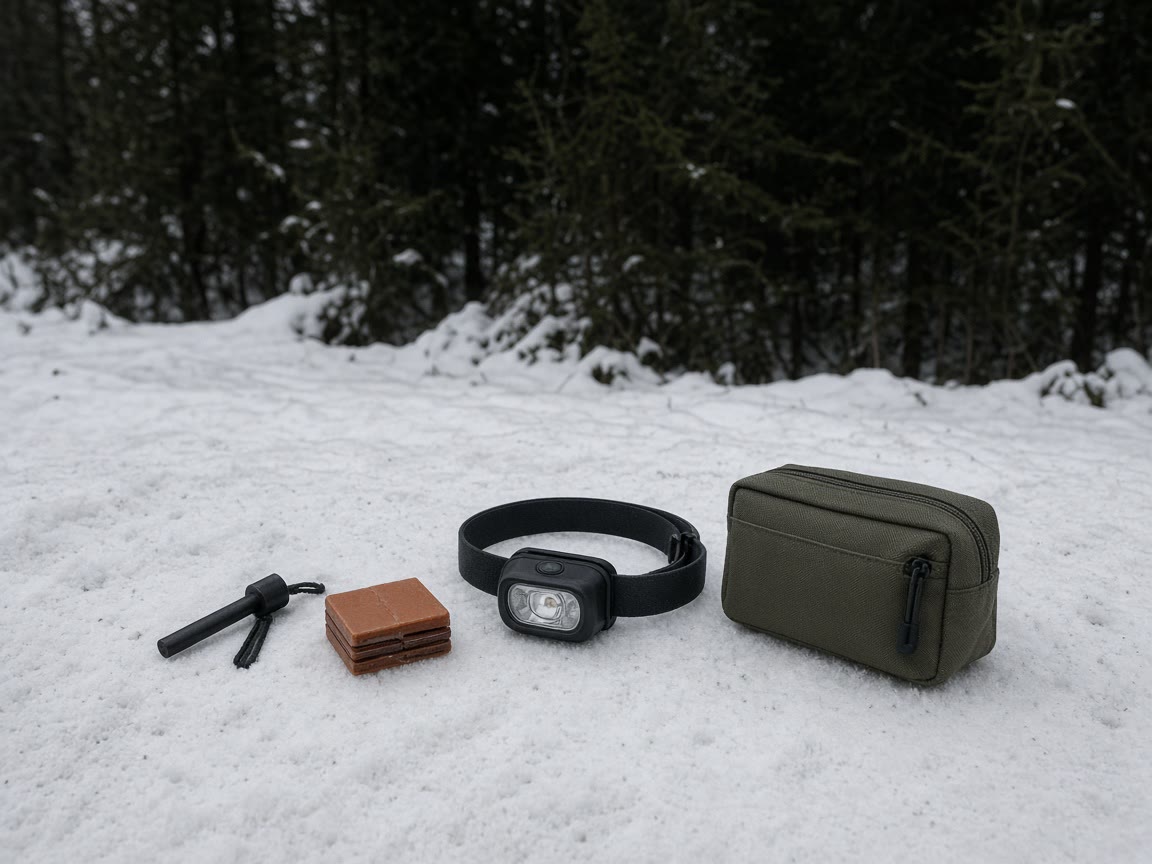 A ferro, tinder tabs, a lamp, and a pouch on packed snow. The cabin can wait.