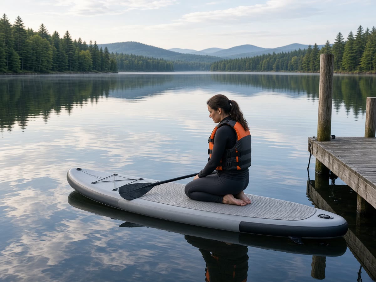 A wide inflatable on glass, a vest already buckled. The Styks name is a used-deck sit.
