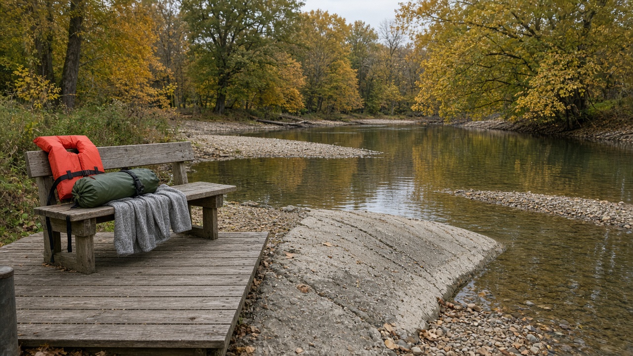 Quiet Sunday fall creek after weekend boat traffic, life vest and dry bag on a dock