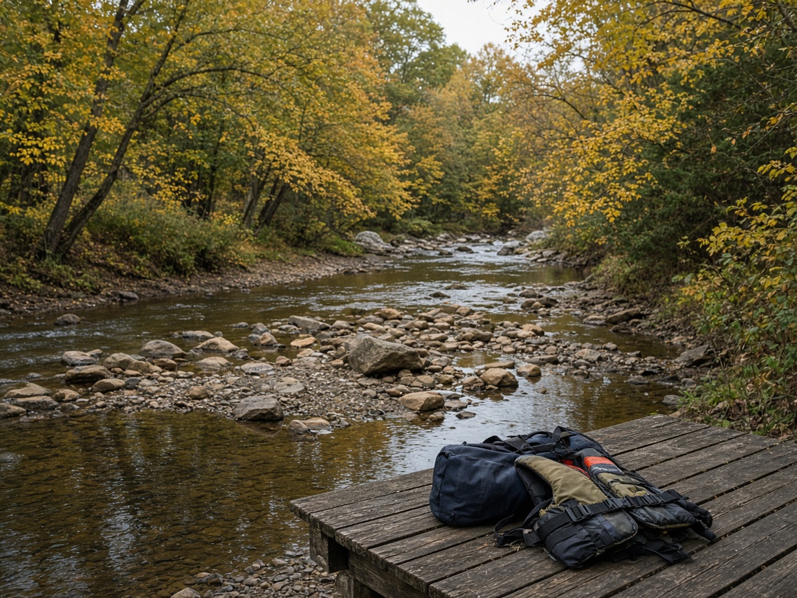 A quiet late-September creek after Saturday wake. Low water is new geometry. The vest stays buckled.