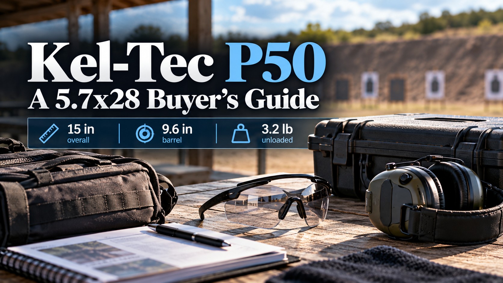 Range bench with a range bag, a closed case, clear glasses, and electronic muffs, magazine cover headline Kel-Tec P50. No firearm in the frame.