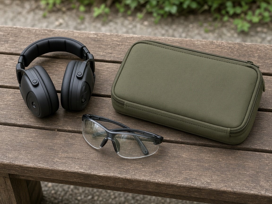 Electronic earmuffs, clear shooting glasses, and a closed olive case on a bench. No firearm and no ammunition.