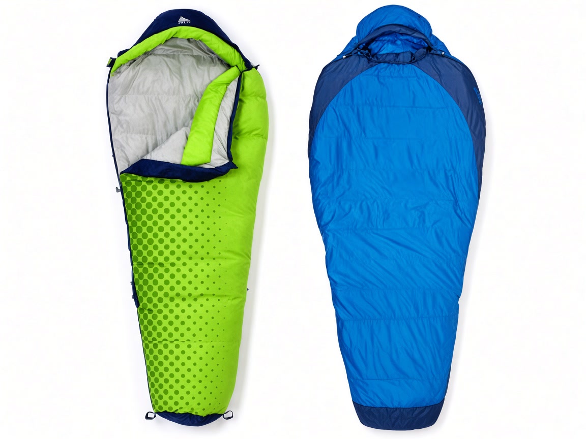 A lime Kelty mummy bag and a blue Marmot mummy bag on a plain background