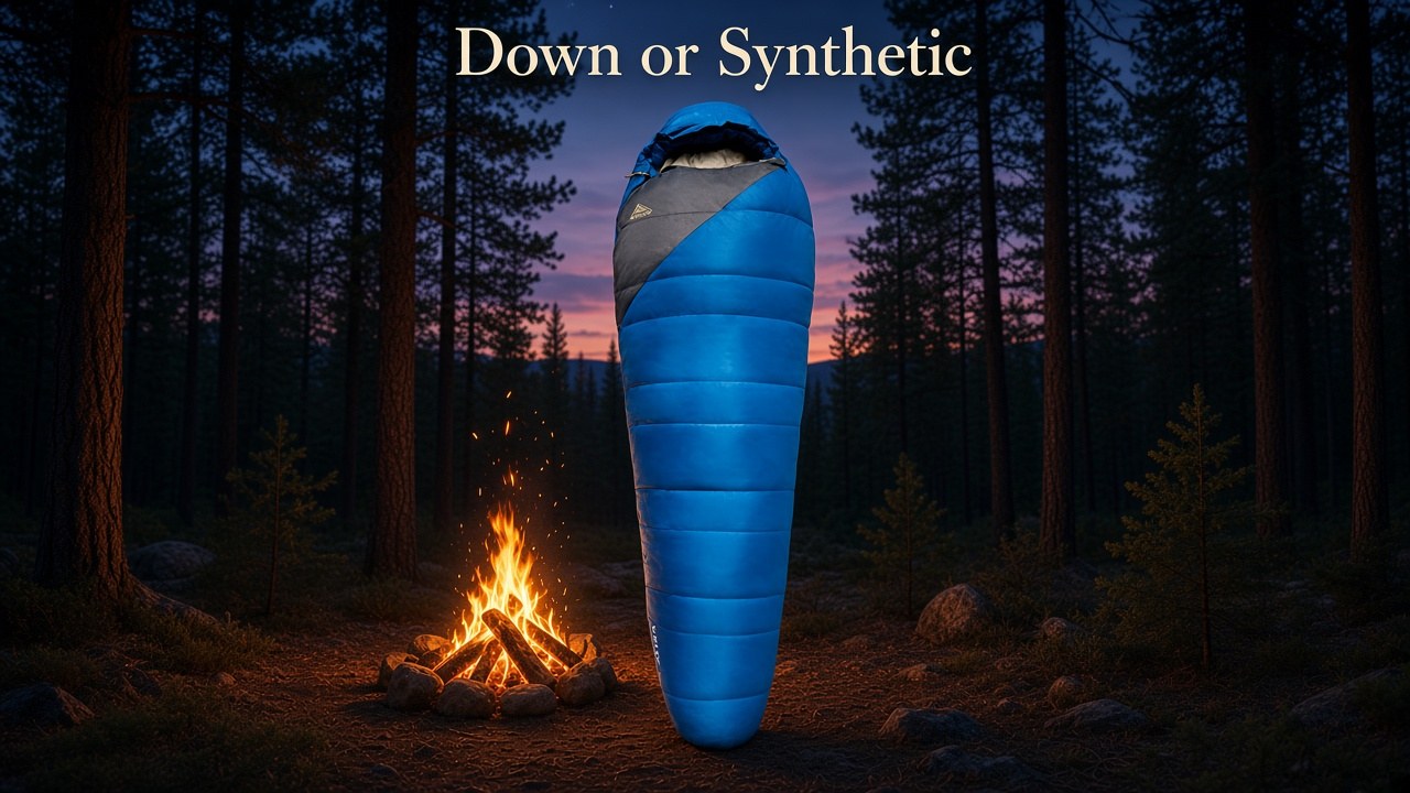 Blue Kelty mummy sleeping bag beside a campfire on a magazine cover with the headline Down or Synthetic