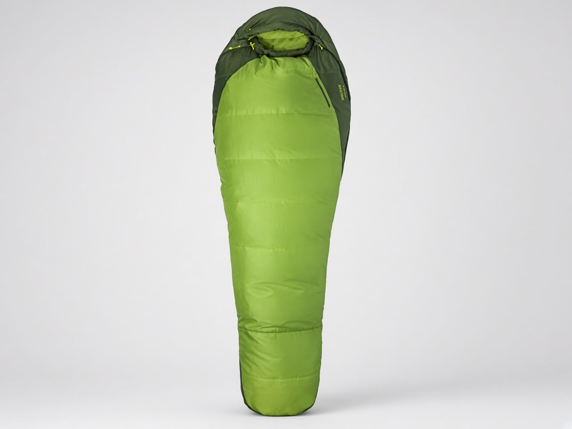 Marmot Trestles 30 sleeping bag, lime green with an olive hood, mummy shape.