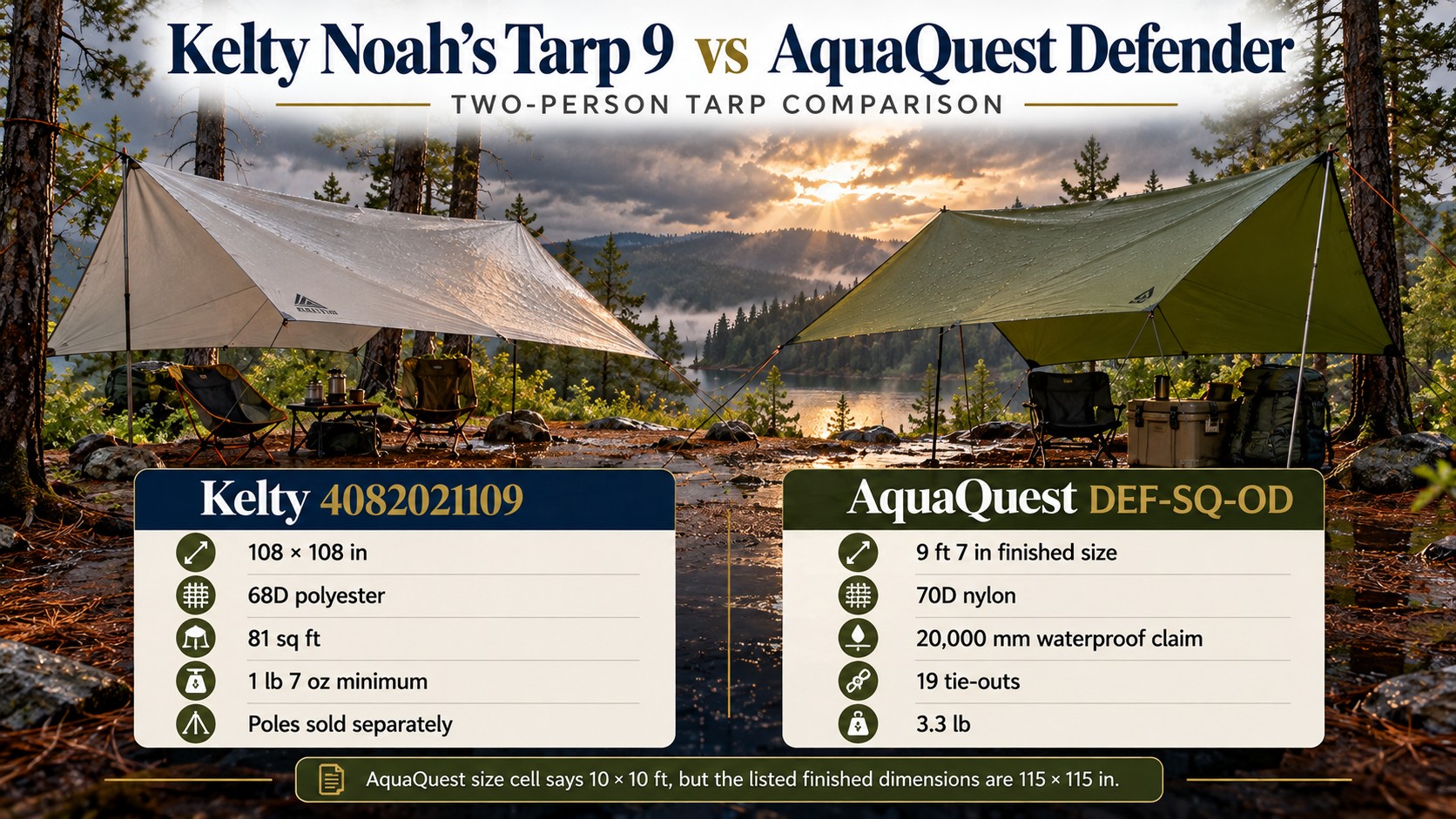 Two tarps in camp, poster headline Kelty Noah's Tarp 9 vs AquaQuest Defender