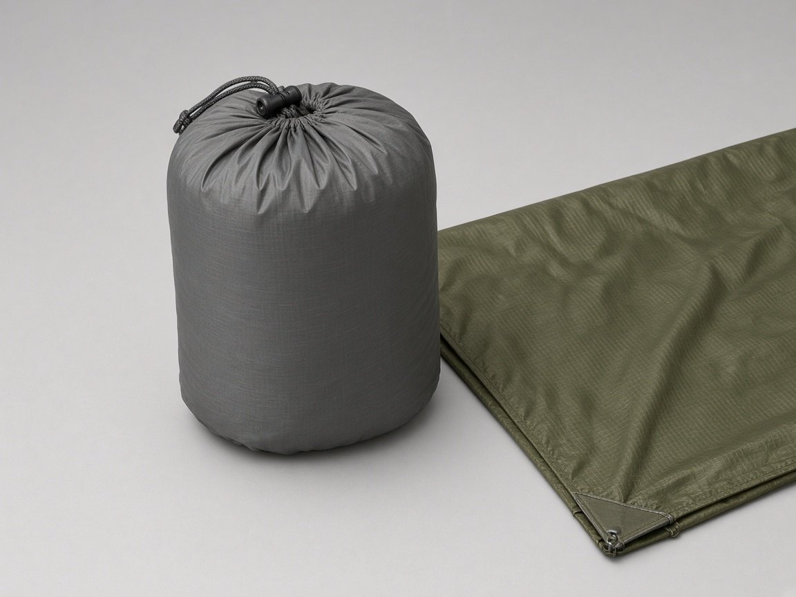 A folded camping tarp and stuff sack on a plain background