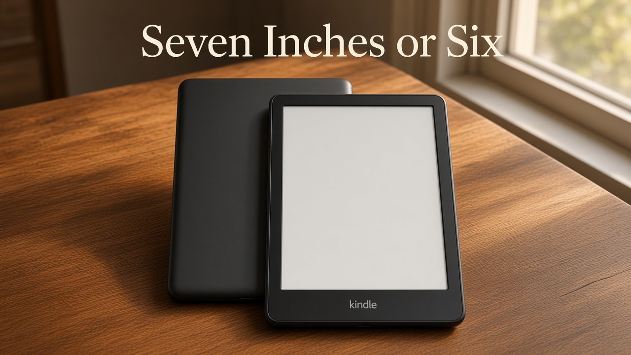 Two black Kindle e-readers on a desk, one with a blank screen, and the headline Seven Inches or Six