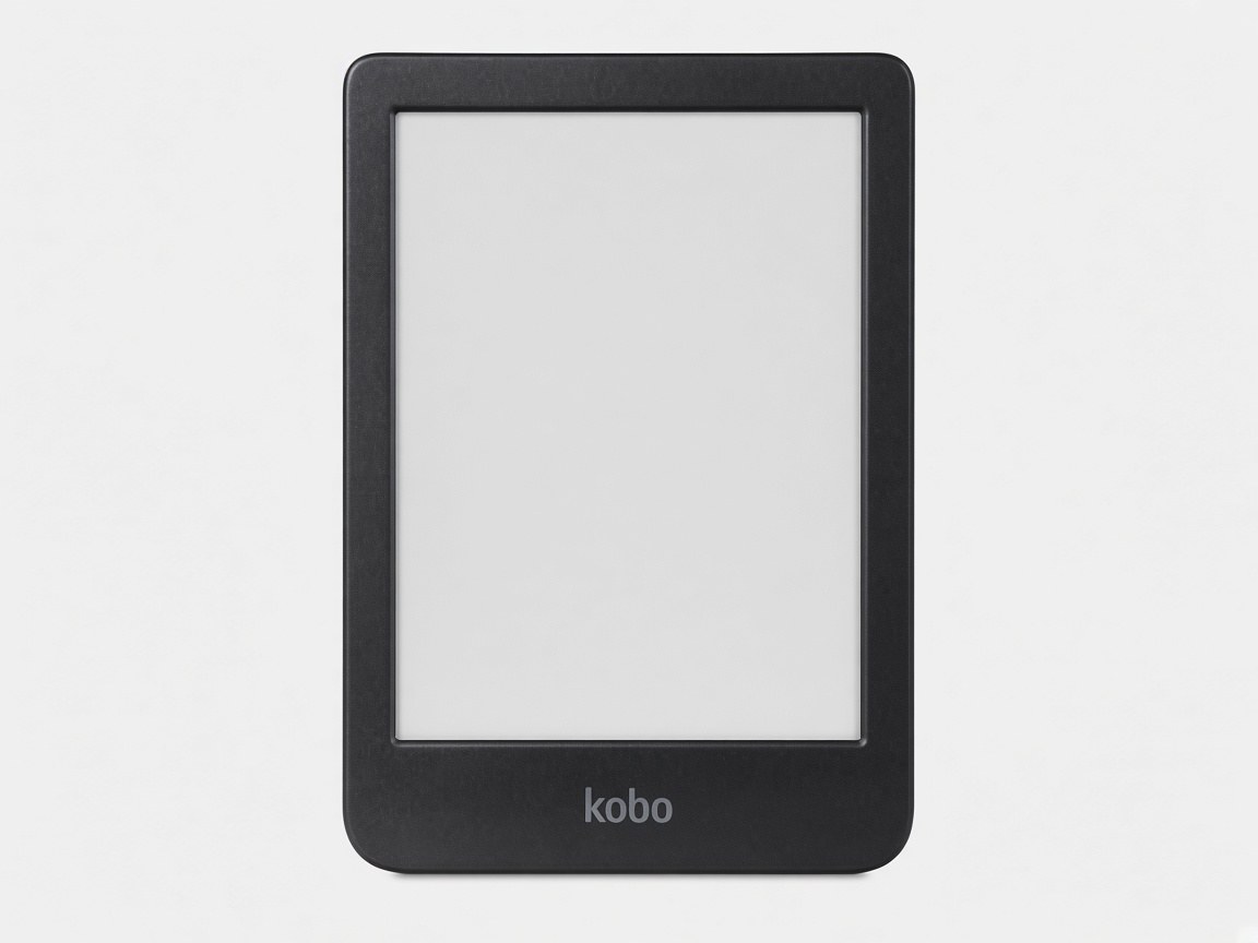 Black Kobo e-reader with a blank screen and the word kobo on the bezel.