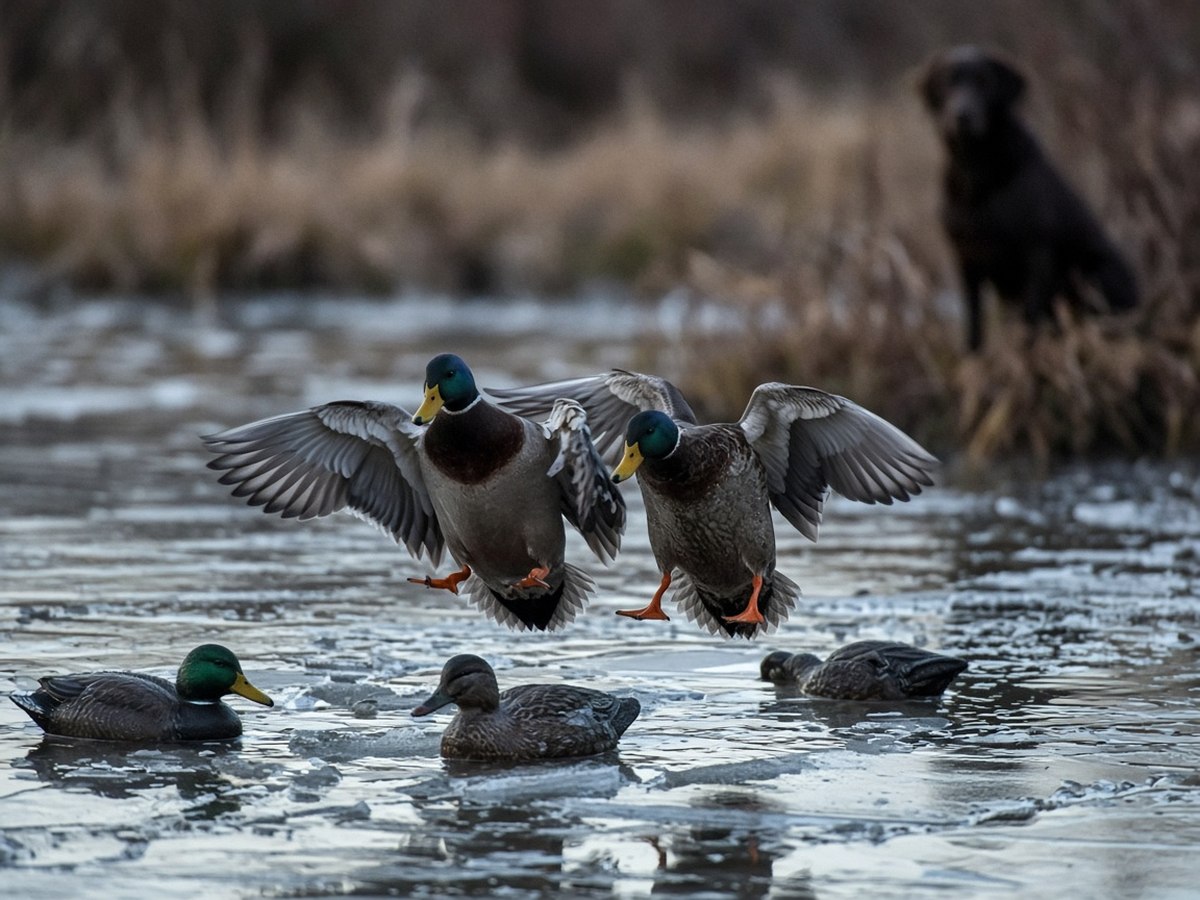 Committed mallards over thin ice at first light. Late-season birds finish or they do not — there is no in-between.