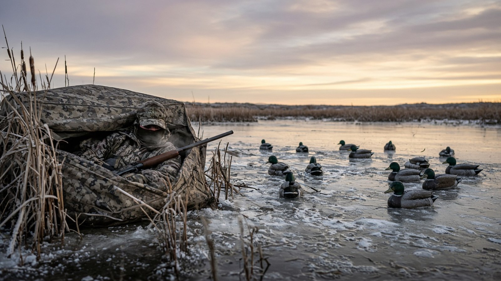 Duck hunter in a layout blind on a frozen public marsh at first light with a small decoy spread
