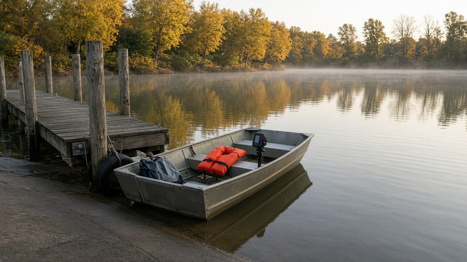 A quiet Monday public ramp with a jon boat, life jacket, and gold shoreline