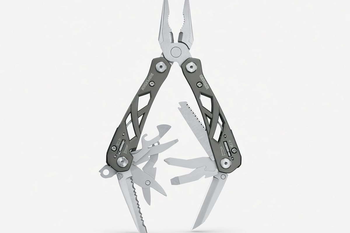 Gerber Suspension multi-tool, model 22-01471, gray, opened to the pliers.
