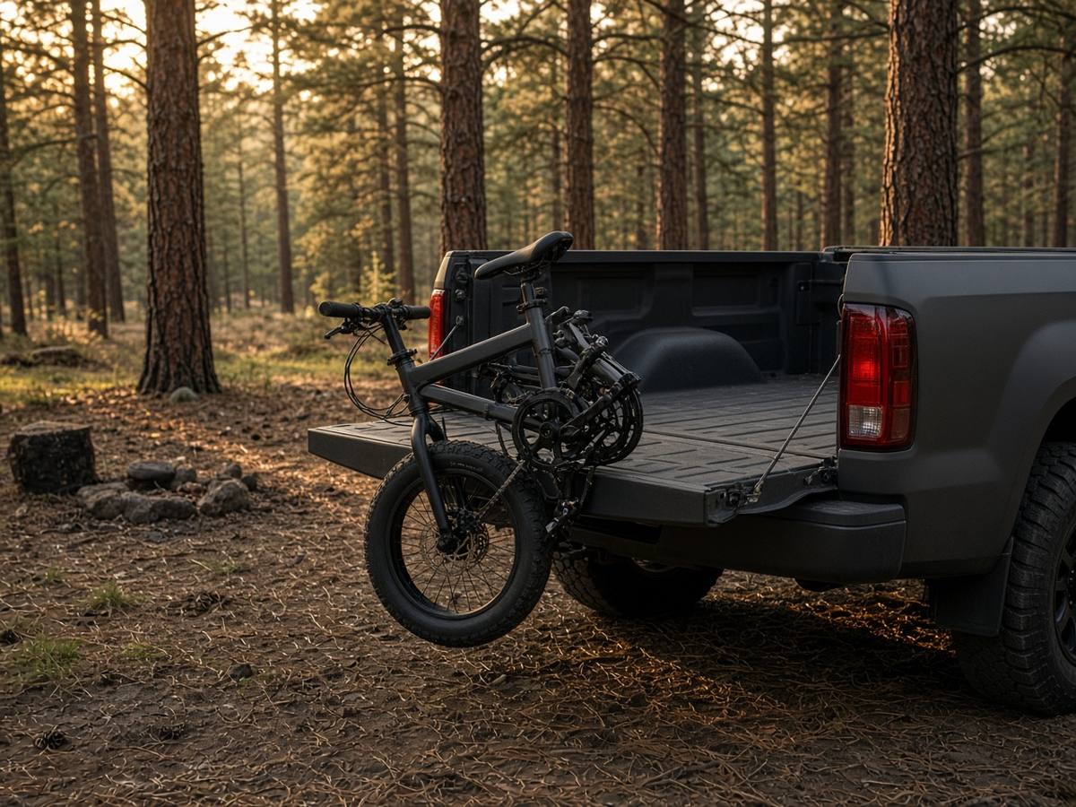 A compact fat-tire folding bicycle standing beside a pickup at a pine campground.
