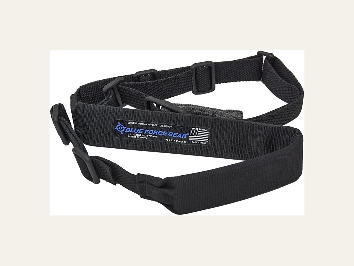 Blue Force Gear Vickers padded two-point sling in black, shown as the strap and hardware only.