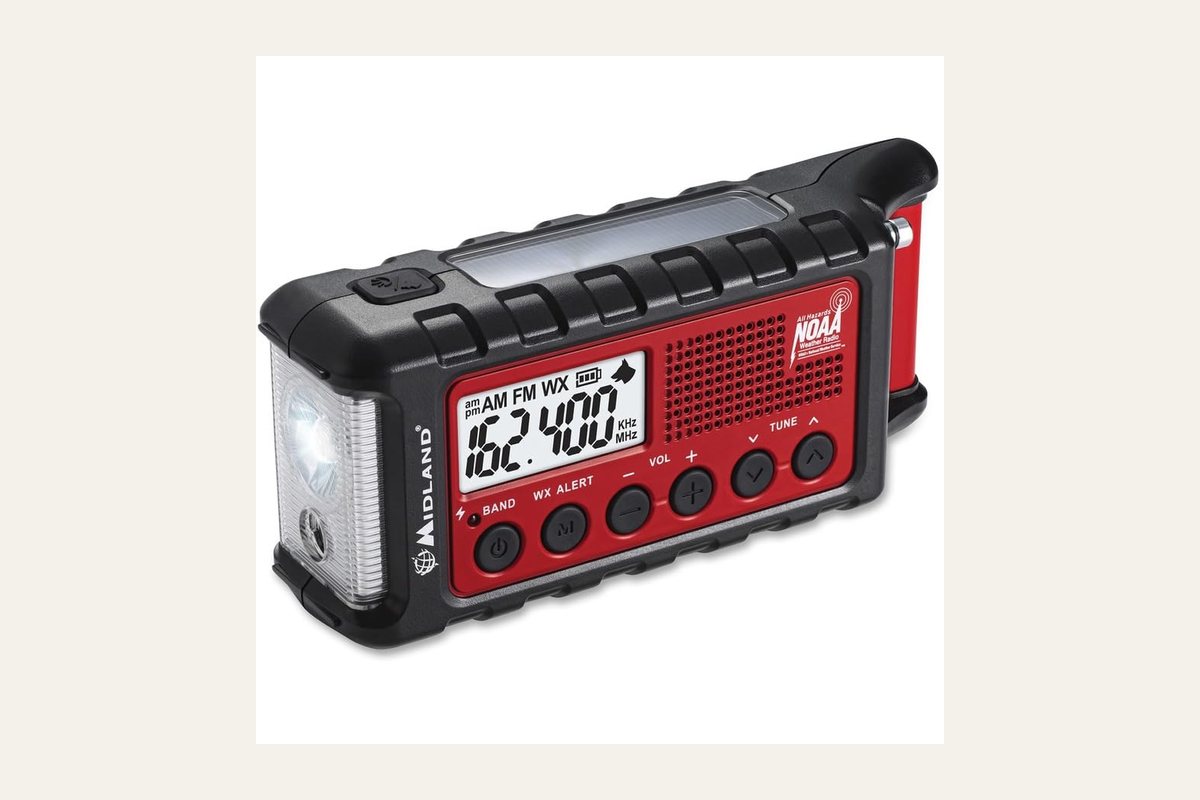 Midland ER310 emergency crank radio, model ER310-MFN, red and black