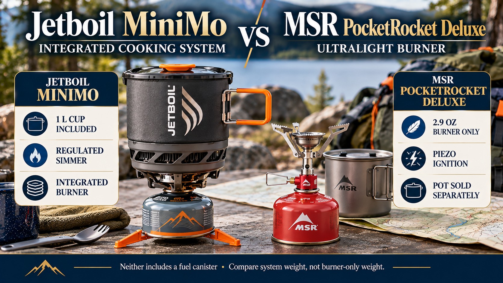 Jetboil MiniMo vs MSR PocketRocket Deluxe on a picnic table by a lake.