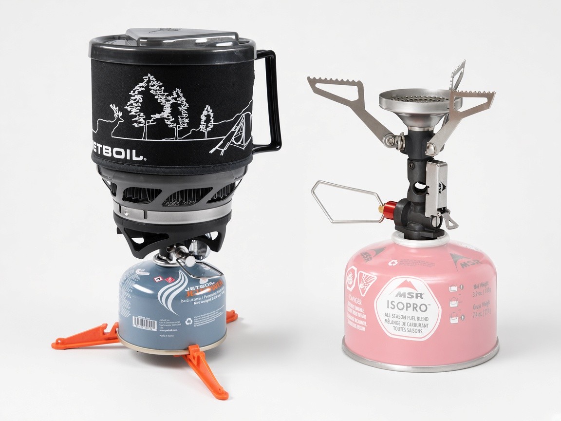A Jetboil MiniMo cooking system and an MSR PocketRocket Deluxe stove on a plain background