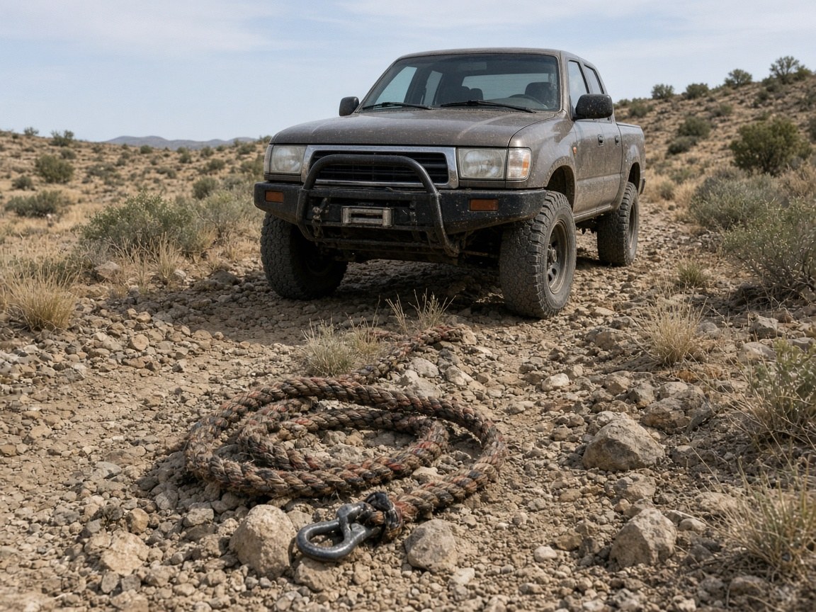 A kinetic rope flaked beside a truck. The lift can wait until the pull is boring.