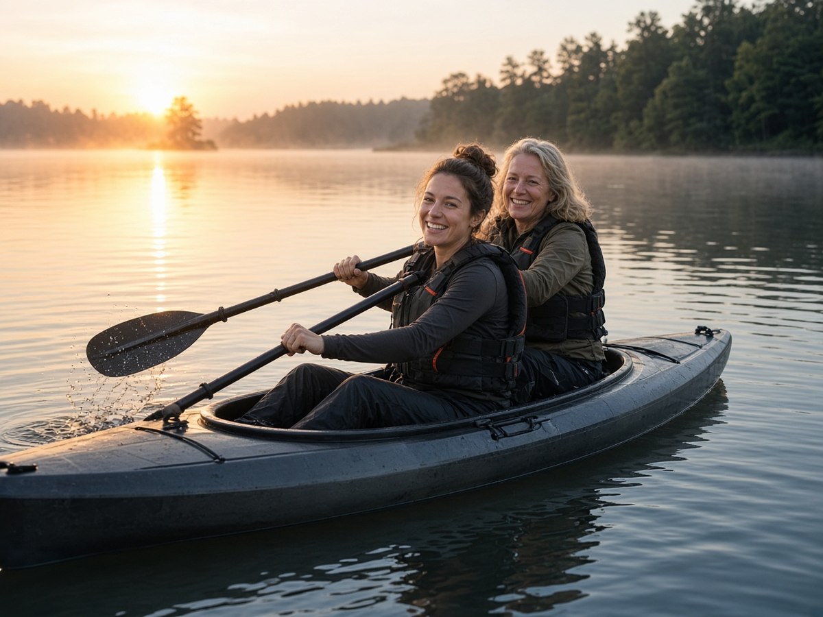 A mother and adult daughter kayaking together on a calm lake at sunrise. An outdoor adventure tailored to what mom actually enjoys means more than a generic gift.