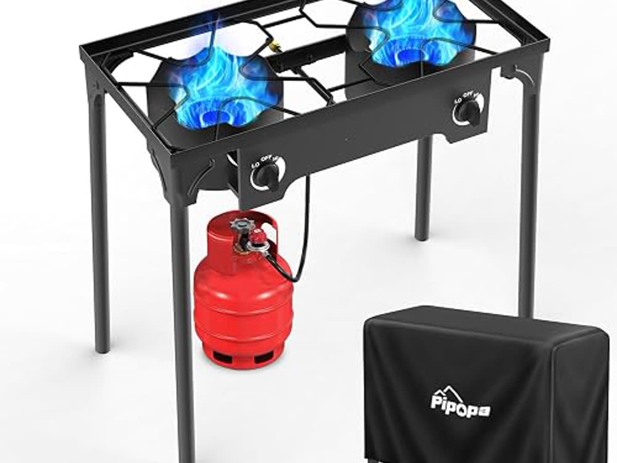 A two-burner propane camp stove. Pancakes and a pot at the same time. This is a tote, not a pack stove.