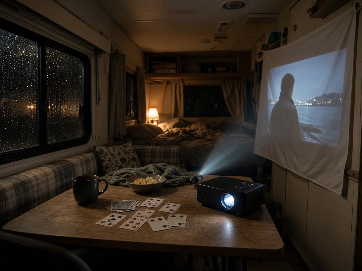 Cards on the table and a sheet for a movie. The park Wi-Fi is a rumor.
