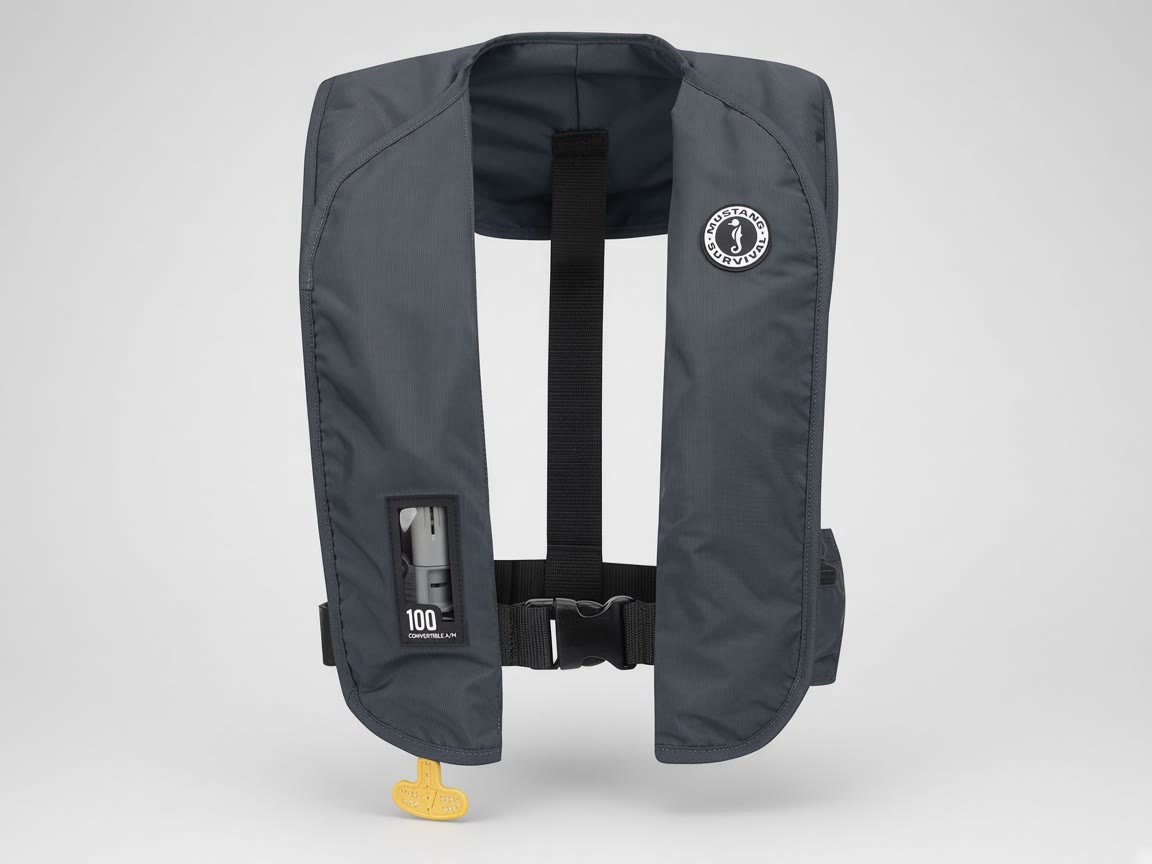 Admiral gray inflatable life jacket on a plain background.
