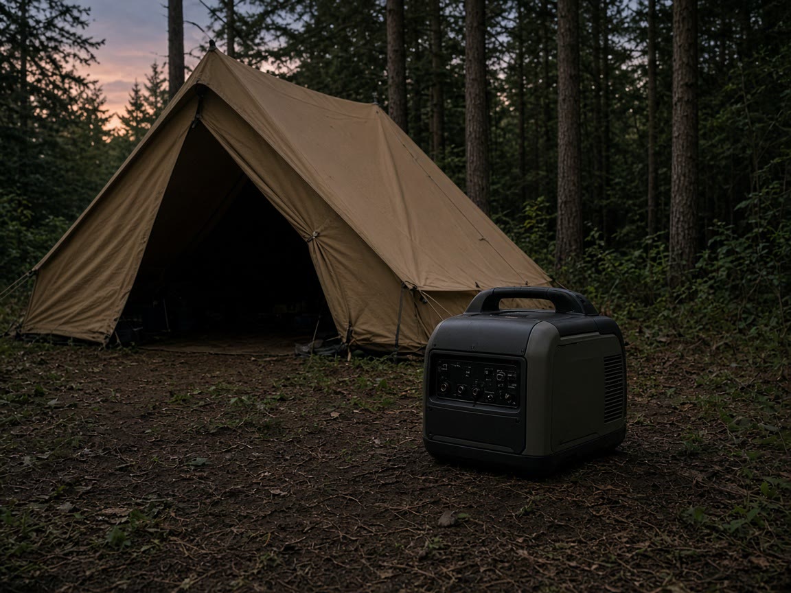 A Honda inverter on a pad downwind of the tent. Distance is the first habit.