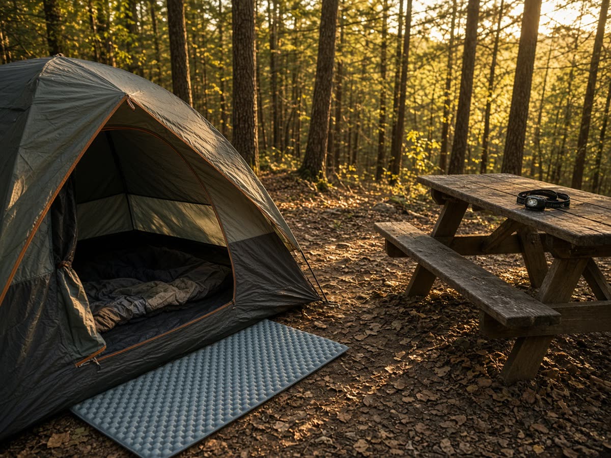 A tent door, foam on the ground, a lamp on the table. A reserved pad is the night.