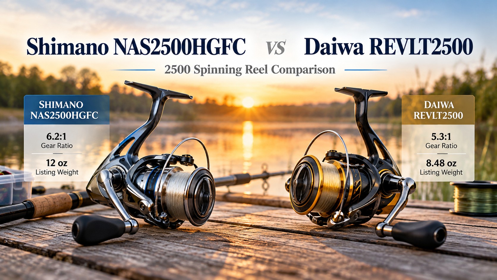 Shimano NAS2500HGFC and Daiwa REVLT2500 on a dock at sunset, magazine cover headline Shimano NAS2500HGFC vs Daiwa REVLT2500