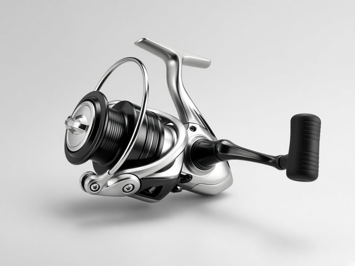 Silver and black spinning reel on a plain background.