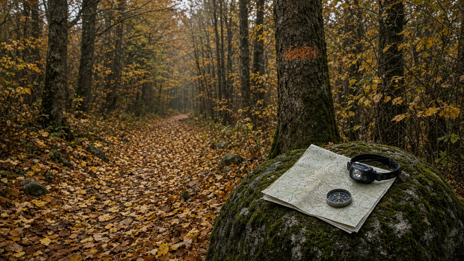 A late-September hardwood trail buried in gold leaves with a map and headlamp on a mossy rock