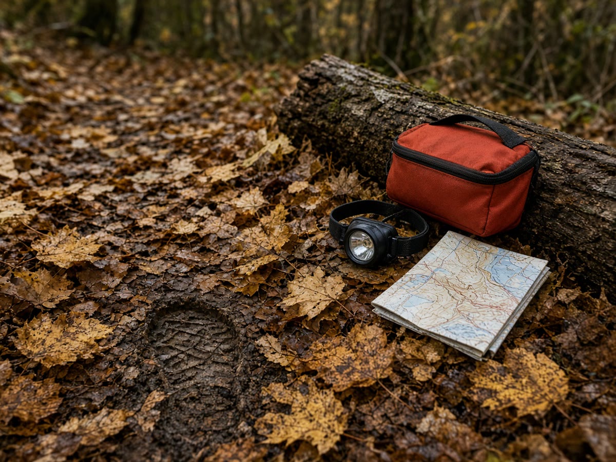 A late-September tread buried in oak. The blaze is under the leaves. The lamp and the map are the trail.