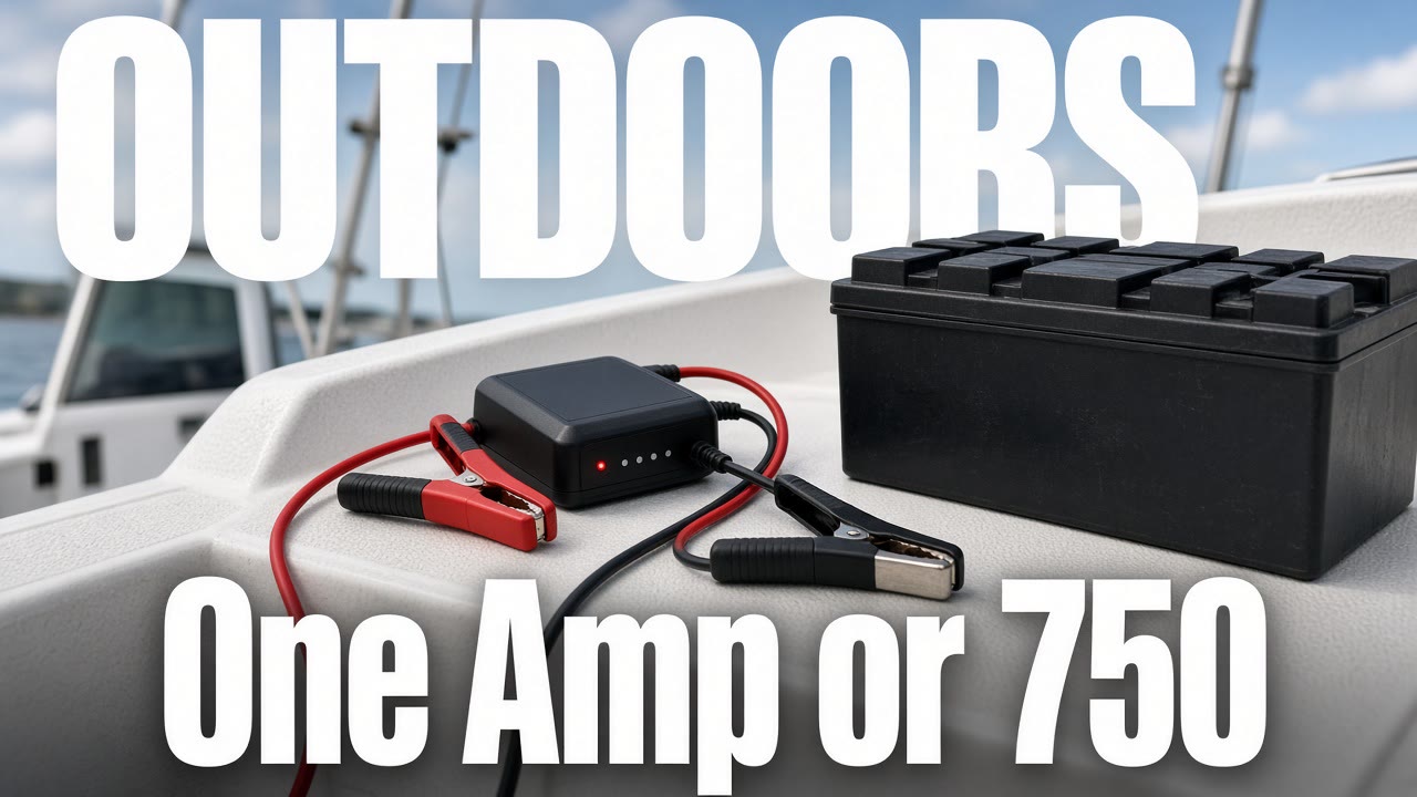 Battery charger on a boat deck, magazine cover headline One Amp or 750