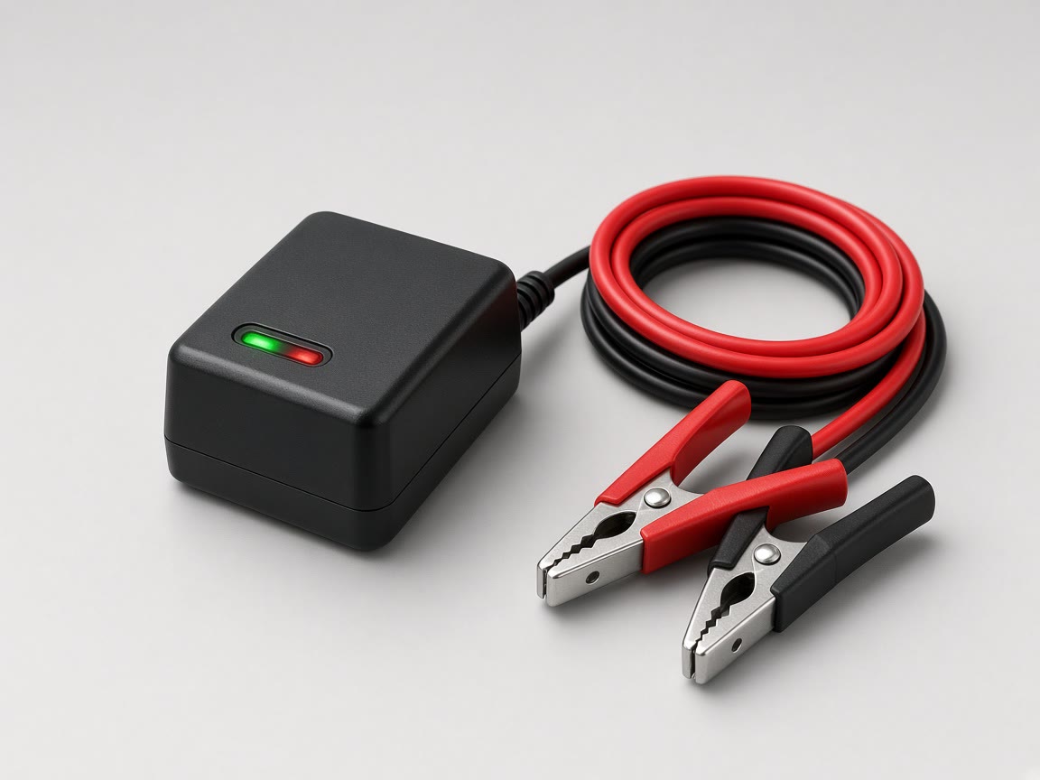 Compact black battery charger on a plain background.