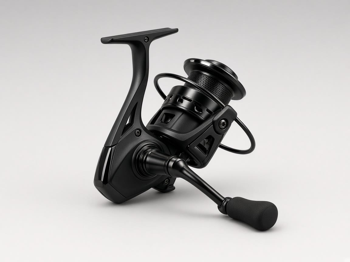 Black spinning reel on a plain background.