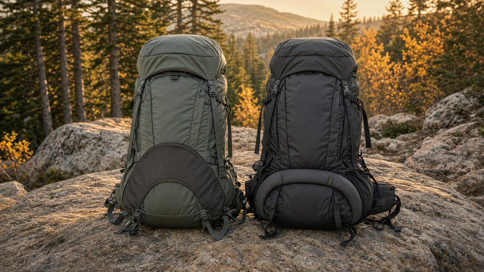 Osprey Atmos AG and Gregory Baltoro 65-liter packs on a granite trail overlook