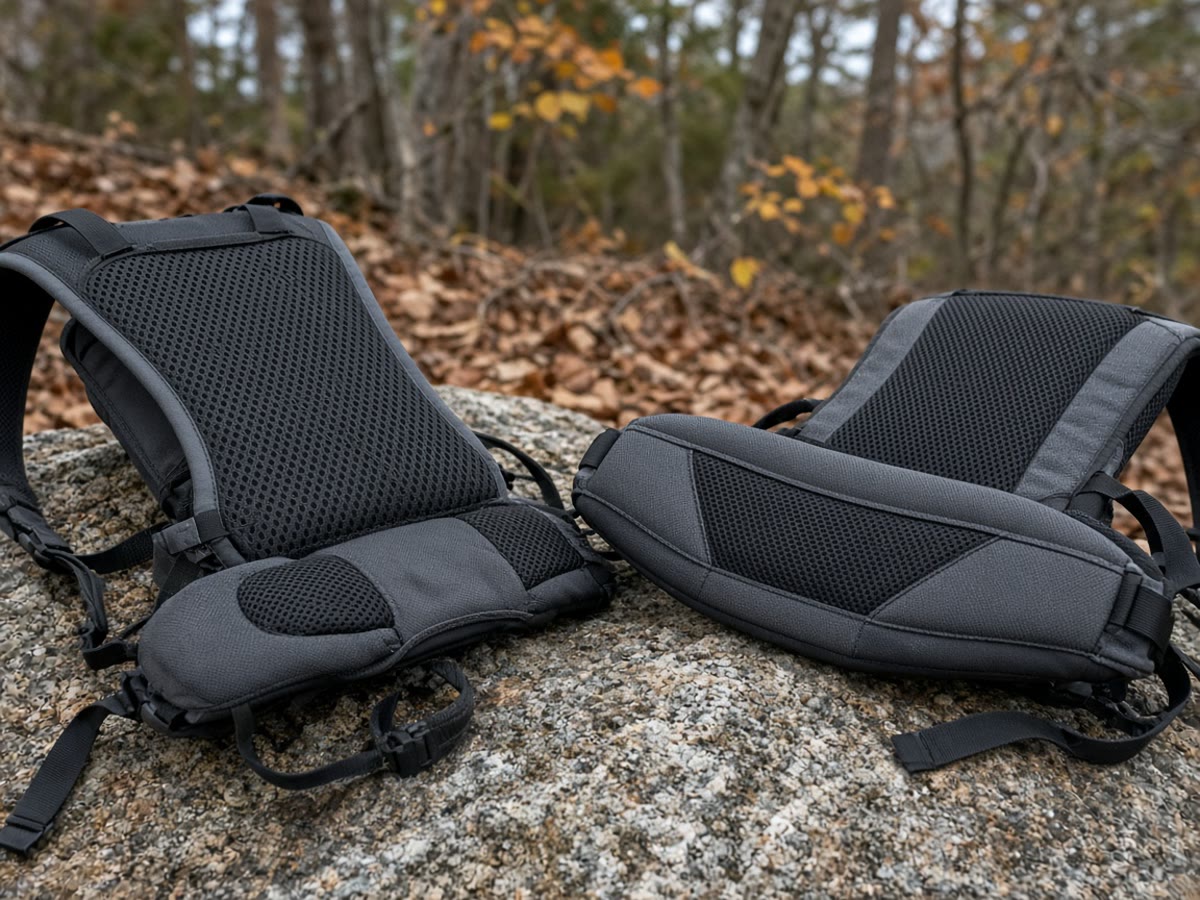 Two 65-liter men’s backpacking packs on a granite overlook. Trampoline backpanel vs pockets. Torso length is the first number.