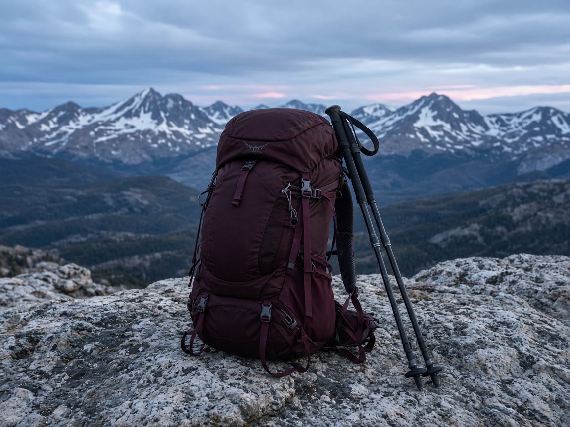 A women’s overnight pack on a granite overlook. Torso length is the first number.