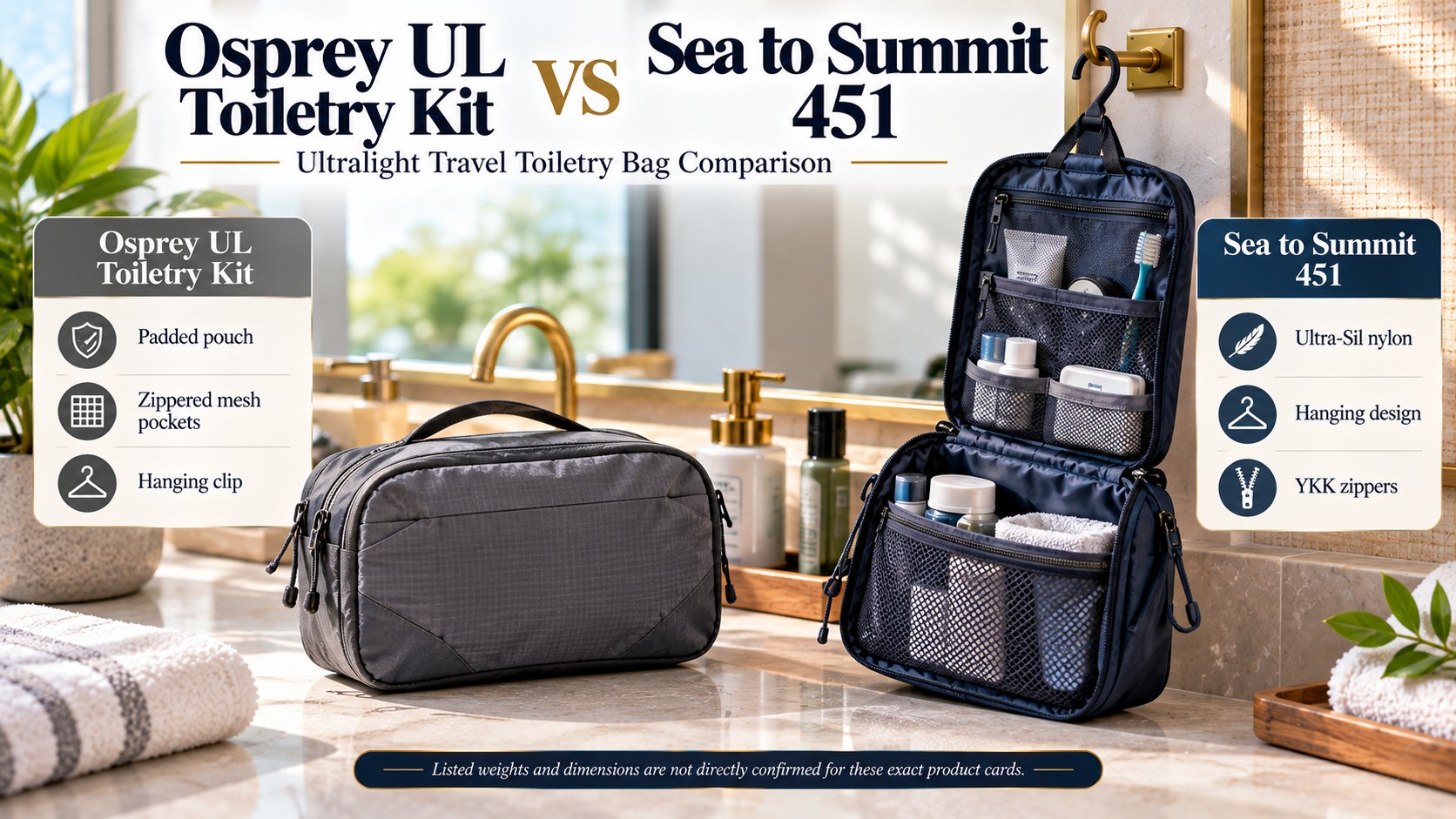 Two toiletry bags on a bathroom counter, headline Osprey UL Toiletry Kit vs Sea to Summit 451