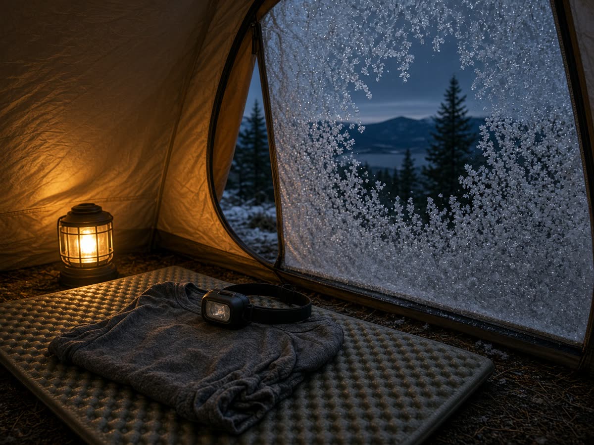 First fall night in a vestibule. The merino and the lamp are the sleep. Frost is already on the door.