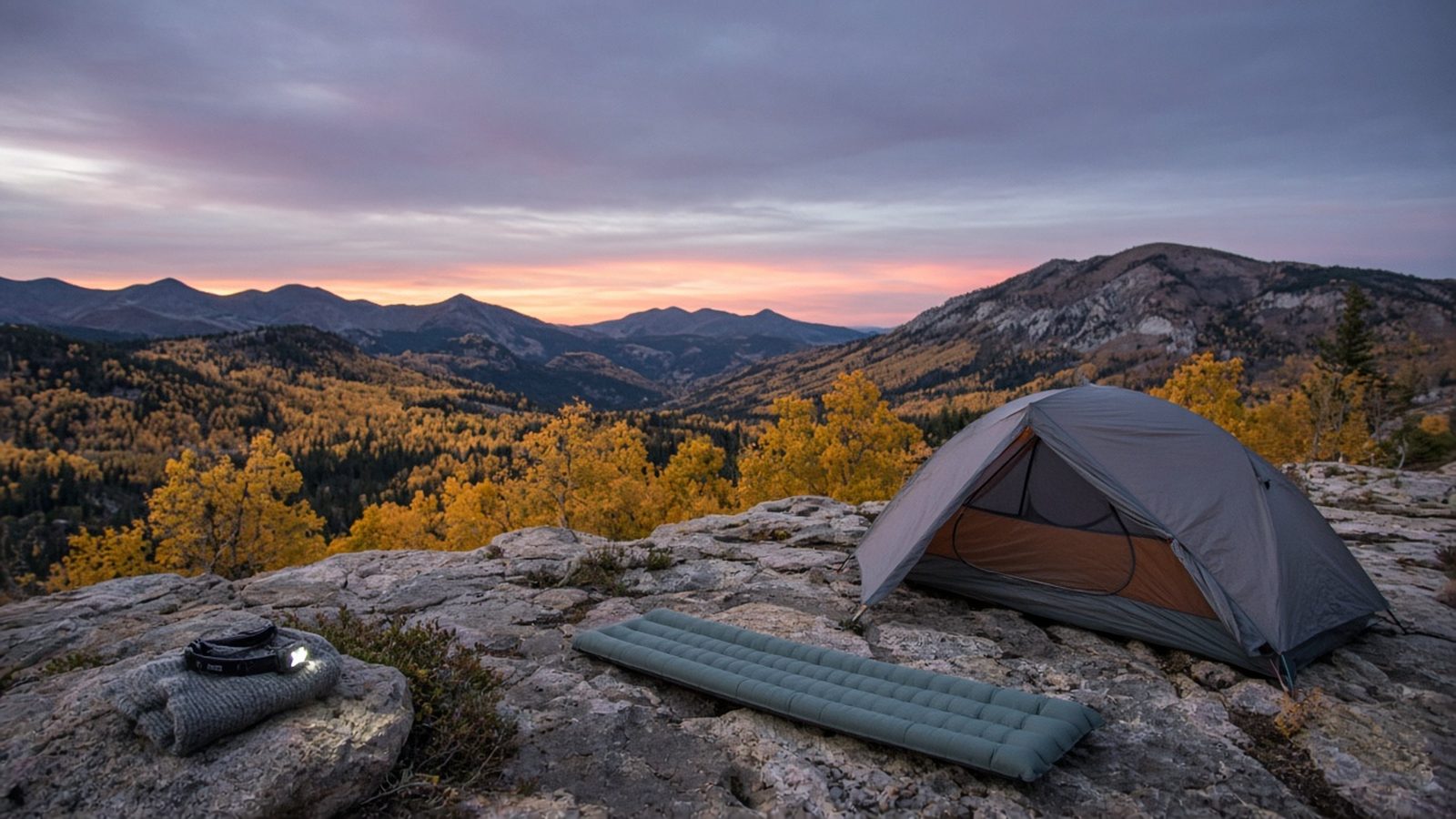 A weekday ridge camp on the last summer night with a pad and gold hardwoods