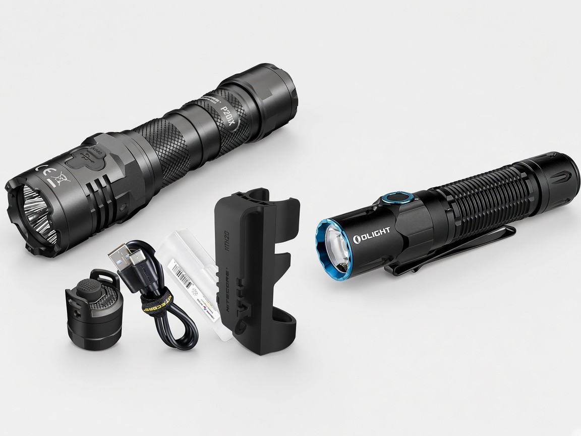 A Nitecore P20iX flashlight and an Olight Warrior 3S flashlight on a plain background