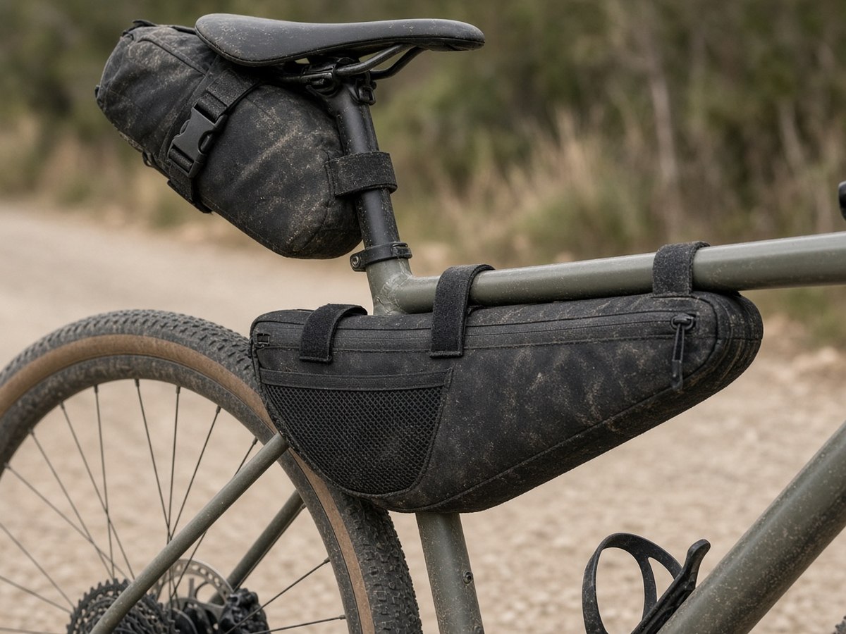 Frame bag low and central, seat pack behind, handlebar roll up front. Weight placement matters more than total gear volume on rough terrain.