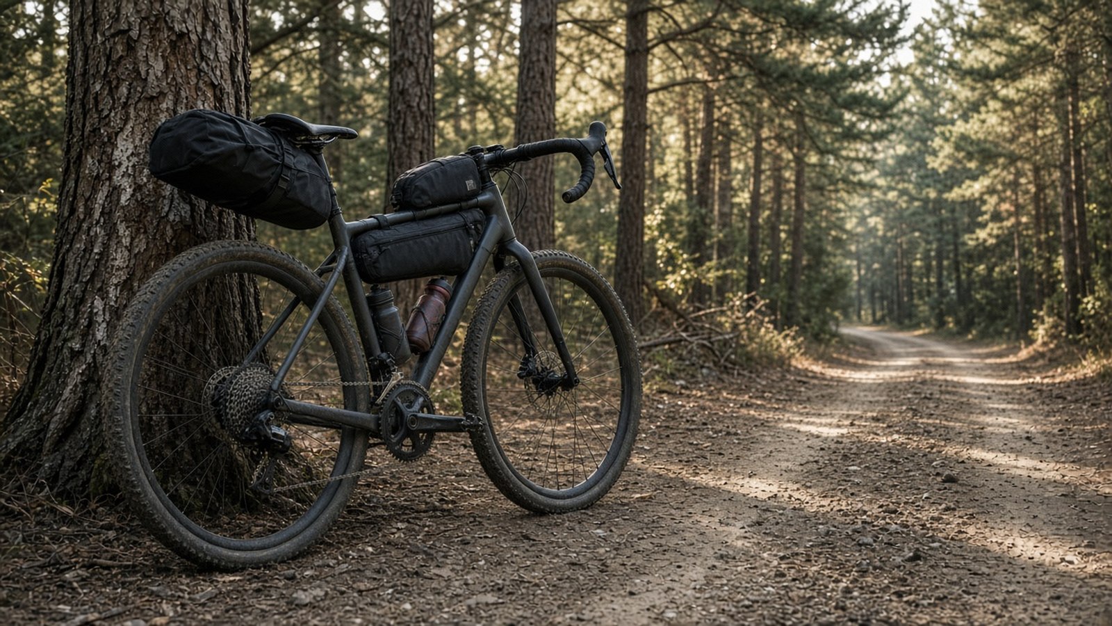 A loaded gravel bike with a frame bag, top-tube bag, and seat pack on a dusty dirt forest road