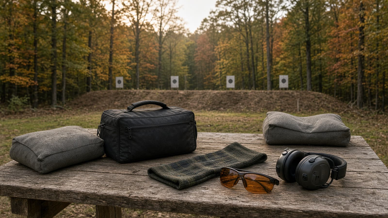 Empty September camp bench with a locked bag, glasses, muffs, and a knit rifle sock — no firearms