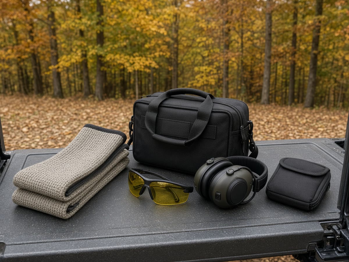 A locked range bag, glasses, muffs, and a knit sock on a September camp bench. The rifle is not in the photo. The lock is the kit.