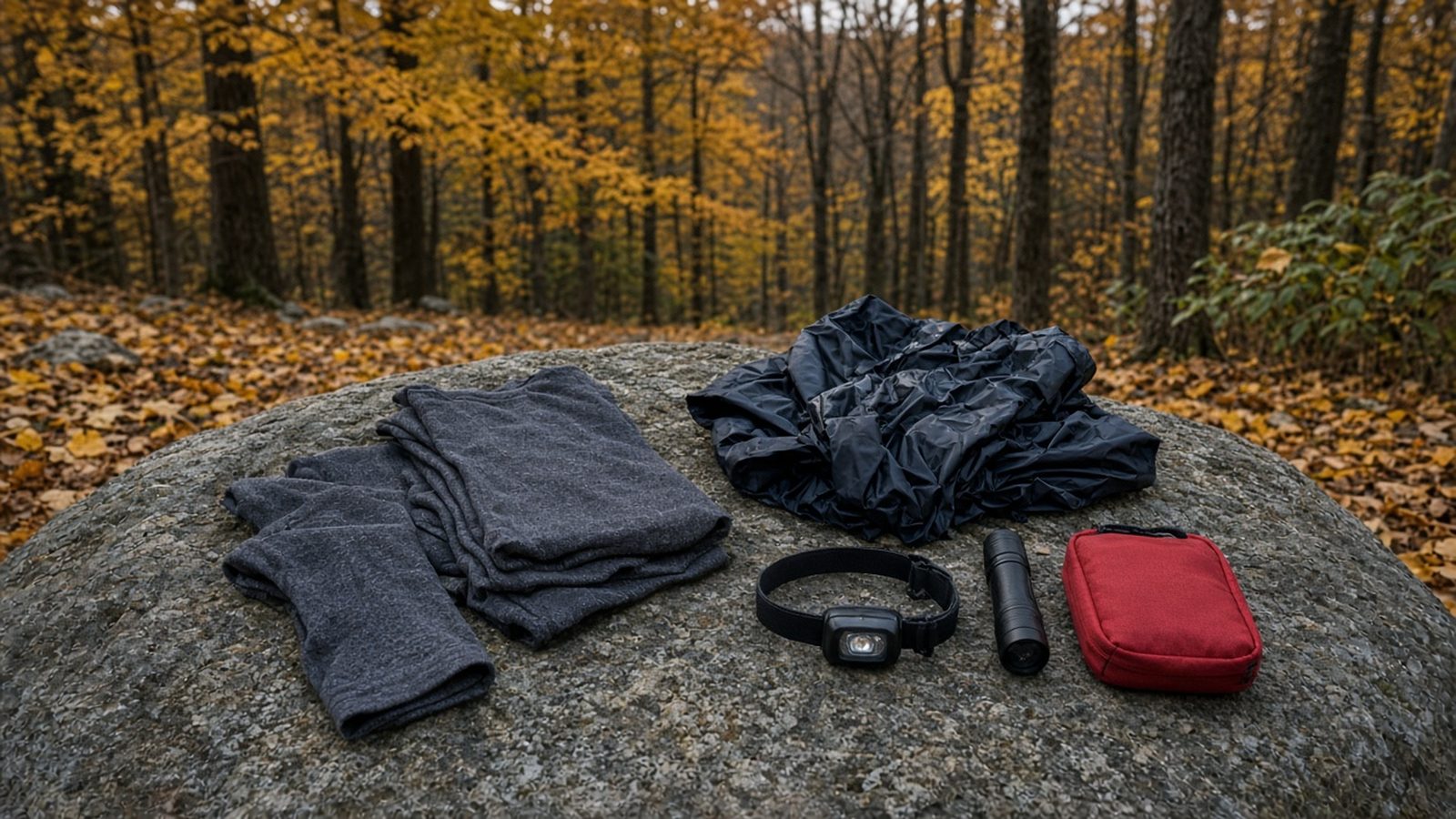 An equinox hypothermia kit on a boulder: merino, rain pants, two lights, and a first-aid pouch